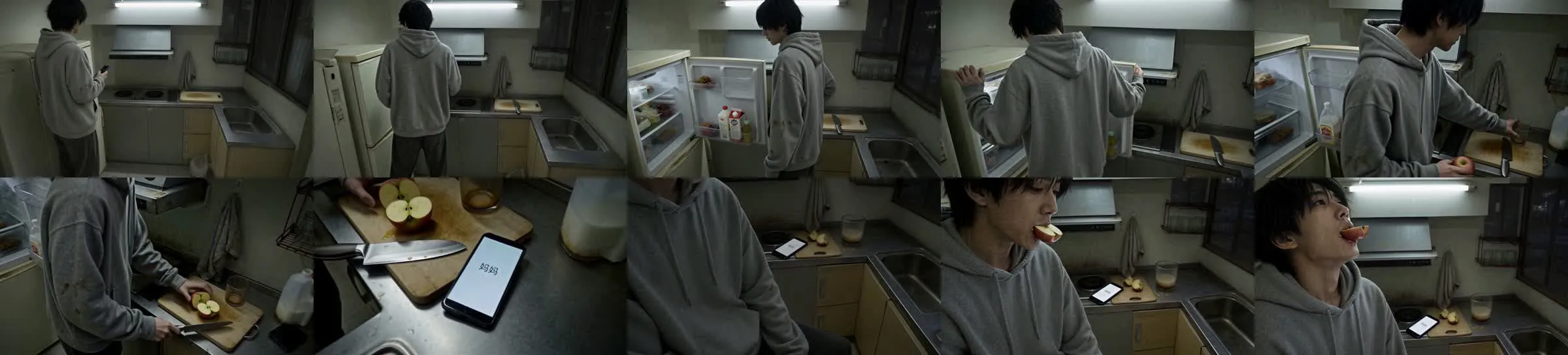 Two rows of film frames of a young man in a grey hoodie at a fridge and a kitchen counter at night, cutting an apple while a phone shows a call from Mum