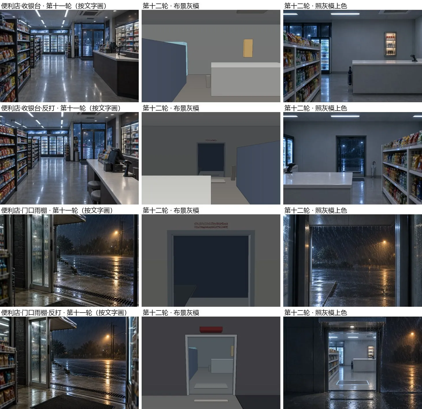 A grid comparing store location images drawn from text, grey-box renders and painted versions for main and reverse angles