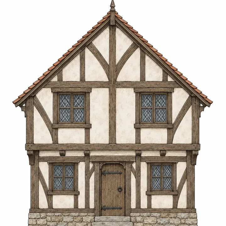 Flat front elevation drawing of a timber-framed house with a steep gable roof