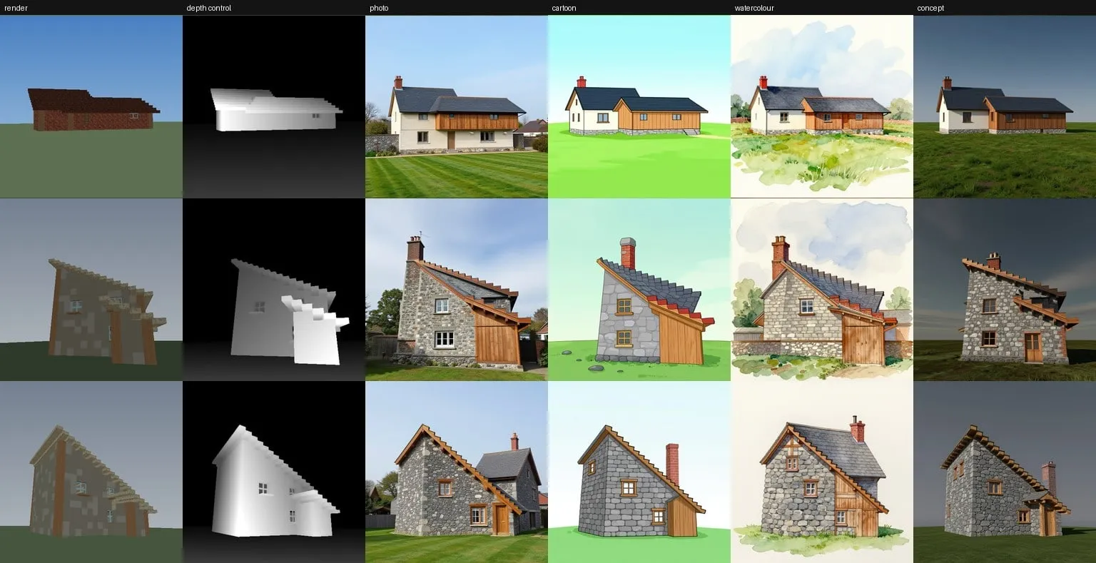 Rows showing an engine render of a house, a depth map, and the same view restyled as a photo, cartoon, watercolour and concept art