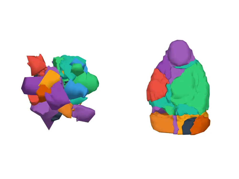 A statue broken into coloured fragments next to the same statue reassembled